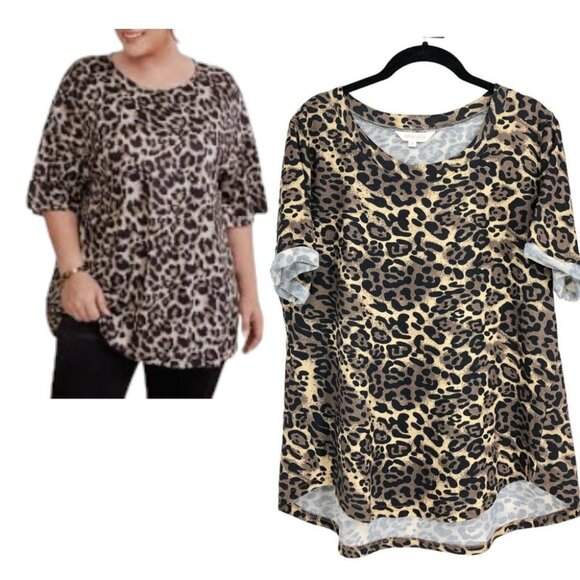 Amaryllis  Cheetah Print Short Cuffed Sleeve Round Neck Shirt size 1x - Picture 1 of 15